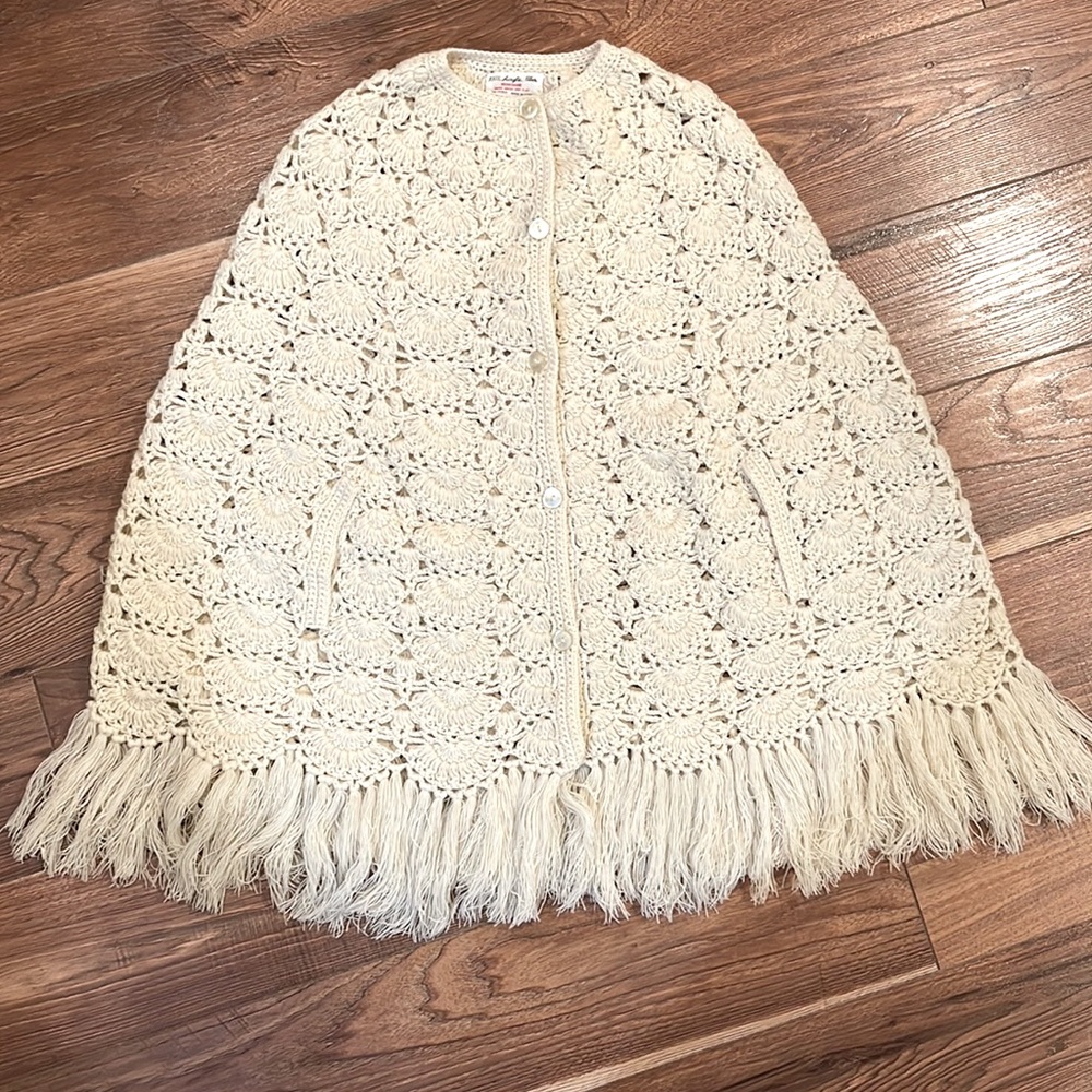 Vintage Hand Crochet Knitted Cape Tassel Fringed Poncho One Size